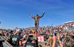 CJ Greaves celebrates following his Pro-4 sweep in Bark River.