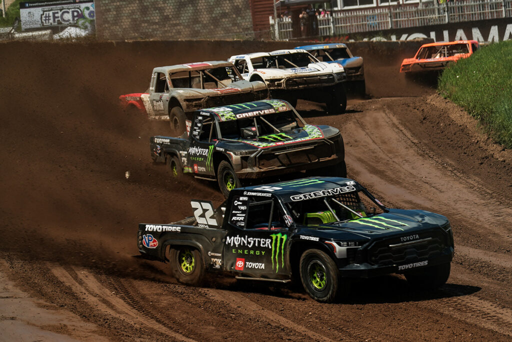 The Greaves Duo of Johnny and CJ Greaves hit turn one at Crandon